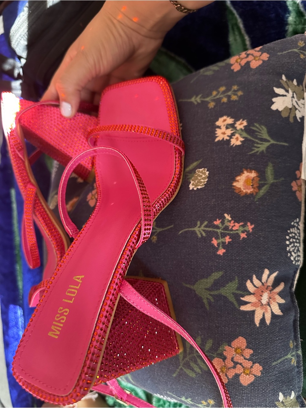 Miss Lola Fuchsia Rhinestone Strap Block Heels - Picture 3 of 5